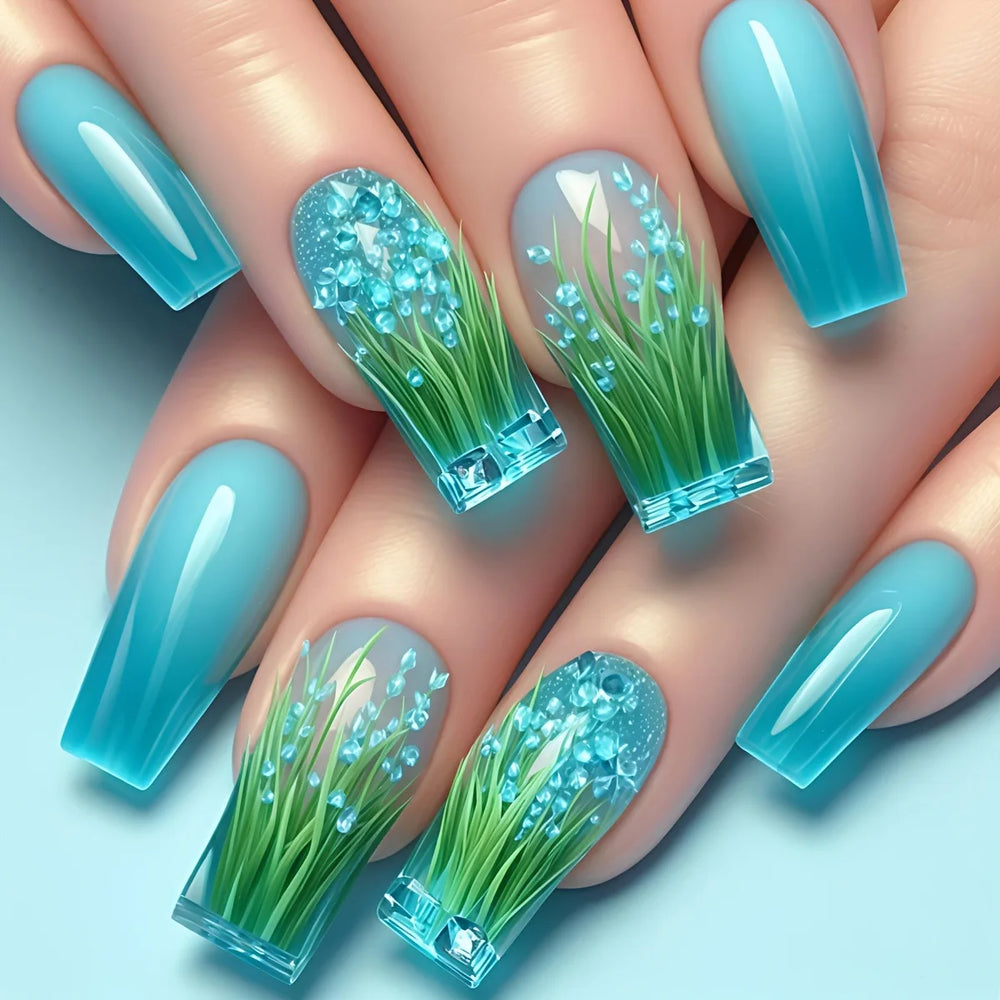 Blue Ocean Fish & Jellyfish Press-On Nails – Medium Long, 24 Pcs