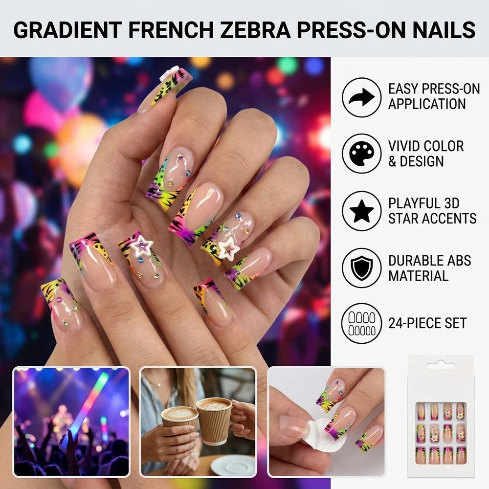 Rainbow Star Zebra French Y2K Press-On Nails – Almond, 24 Pcs