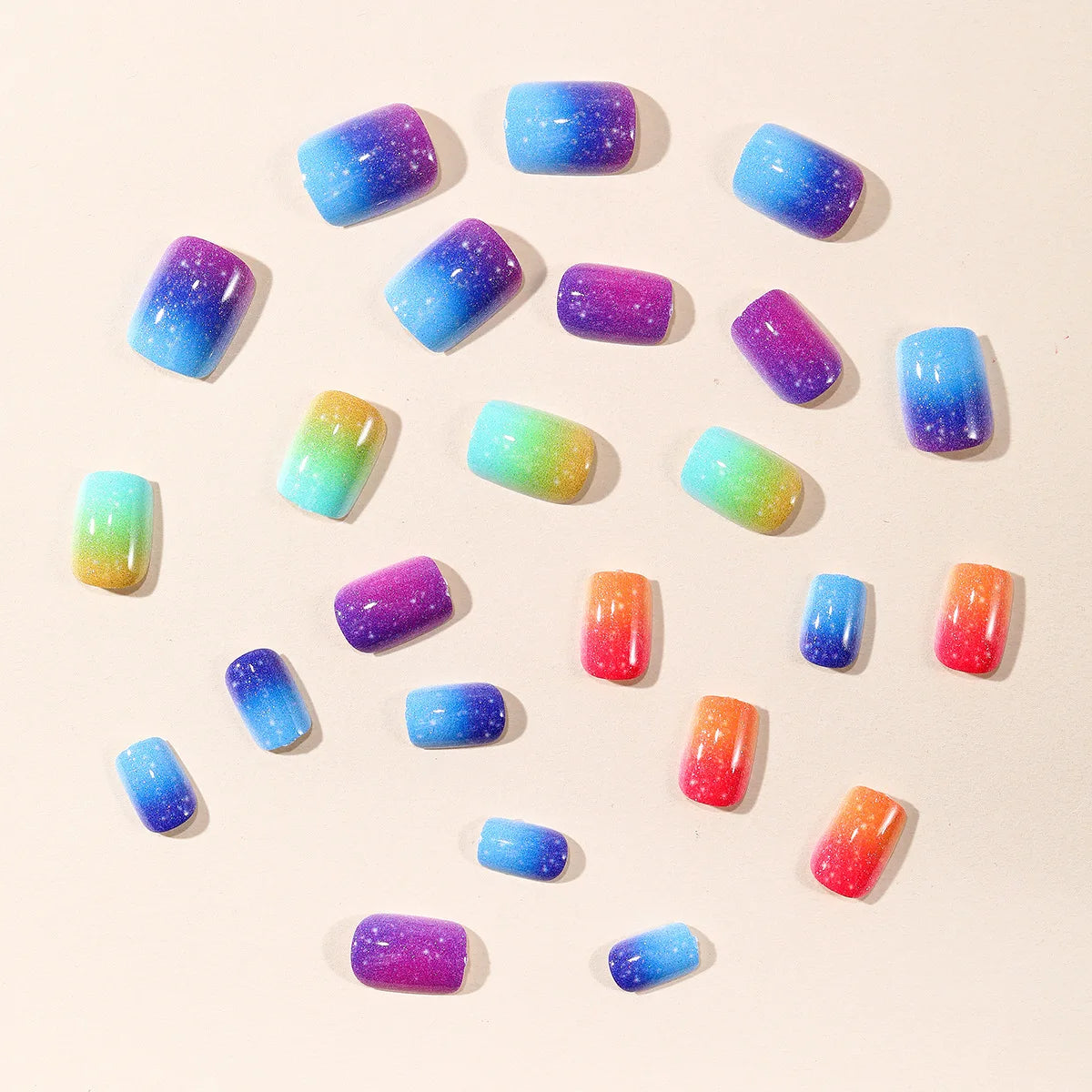 Short Fake Nails for Women Girls Y2K Gradient Candy Rainbow Colors Square Shaped Glossy Nail Tips Full Cover Press On False Nail