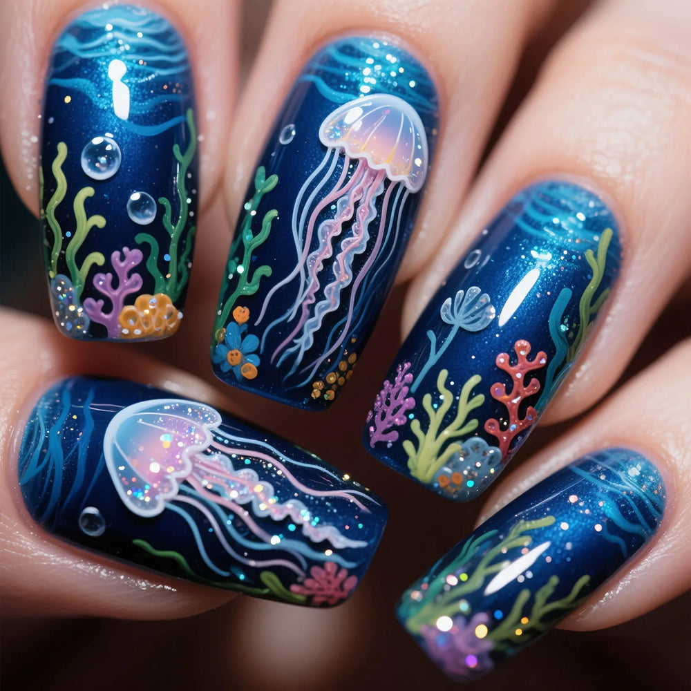 Blue Ocean Fish & Jellyfish Press-On Nails – Medium Long, 24 Pcs