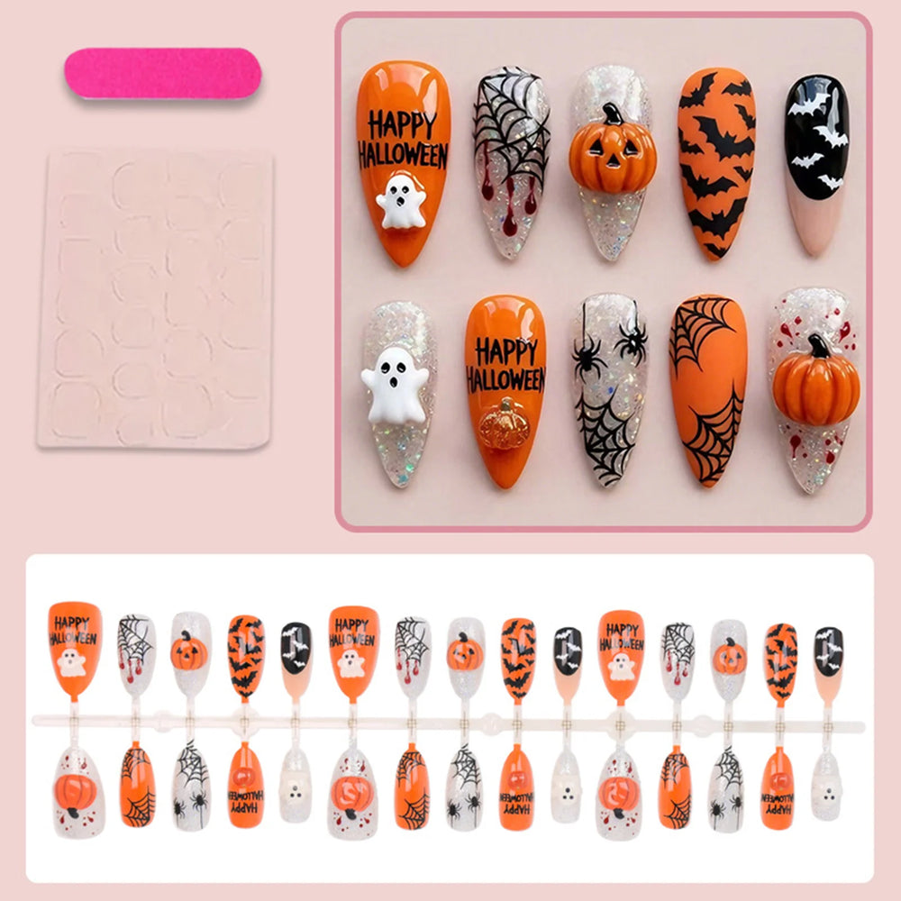 Cute Ghost Pumpkin & Bat Halloween Press-On Nails – Almond, 30 Pcs