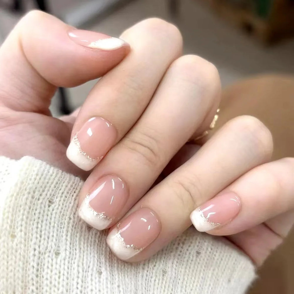 Nude White Tip Glitter Stripe Minimalist French Press-On Nails – Short Square, 24 Pcs