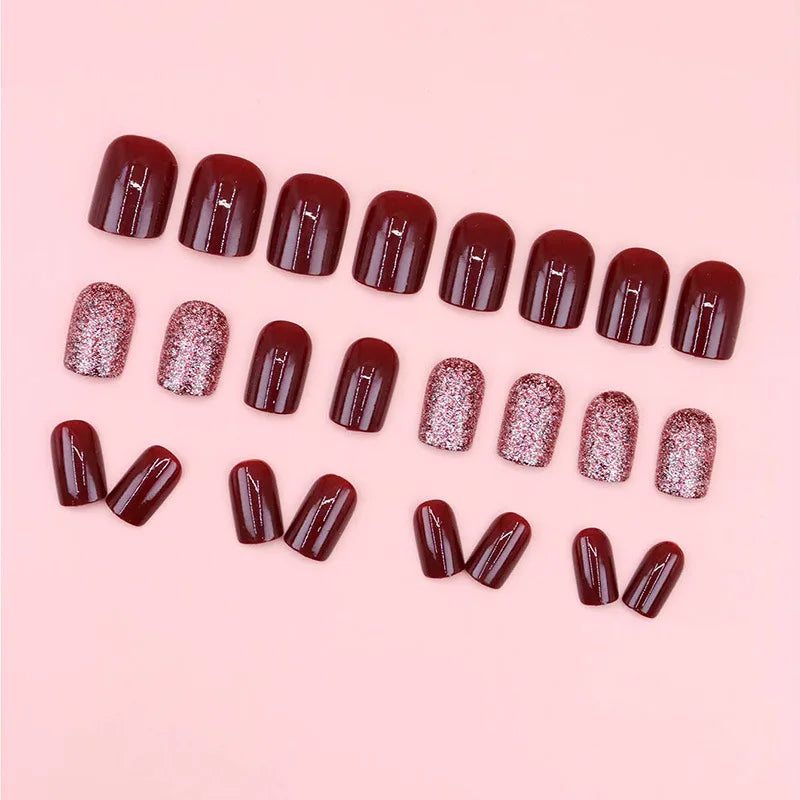 Short Medium fake nails for women girl wine red colors with glitters design Square nail tips Valentine'S Day press on false nail