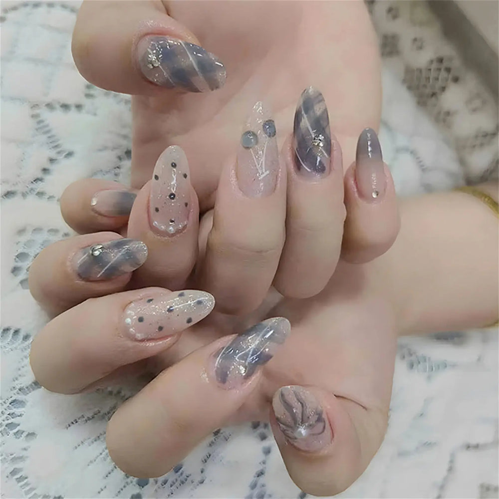 Blue-Grey Ombre Sheer Gem Press-On Nails – Almond, 24 Pcs