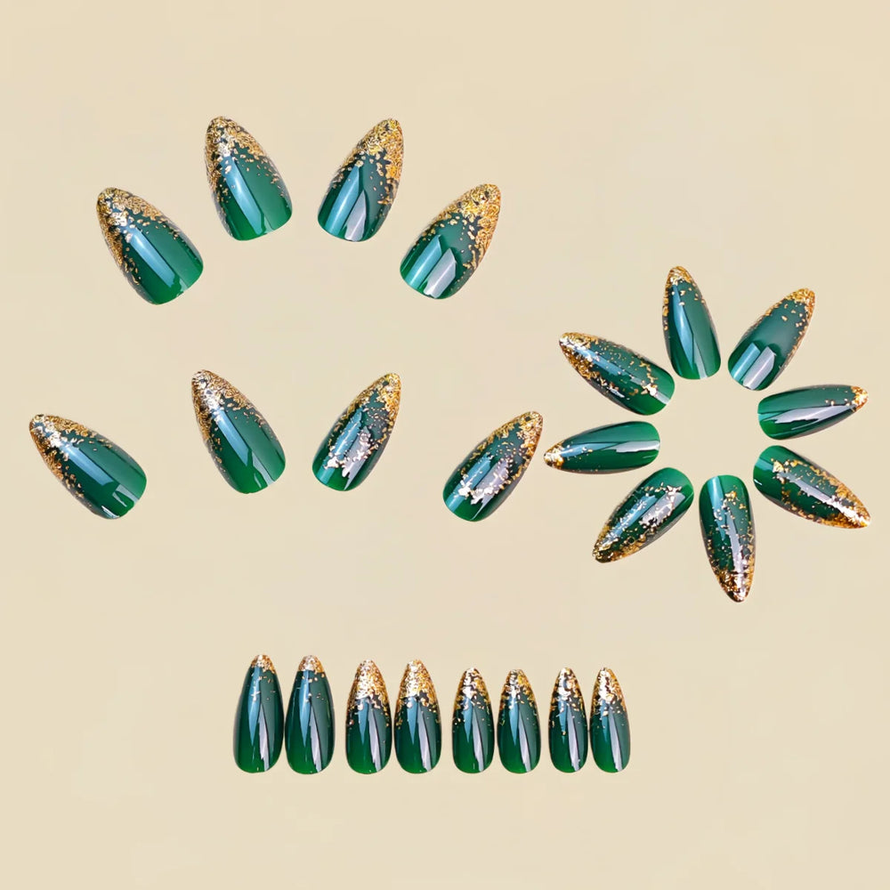 Green & Nude Glitter Press-On Nails – Medium Square Almond