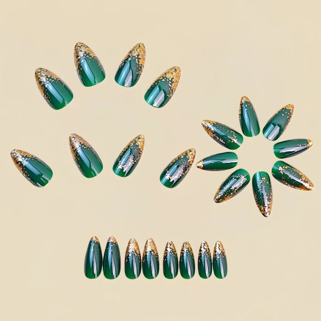 Medium fake nails for women girls full cover green nude nail tips with sparkling glitter square almond shape press on false nail