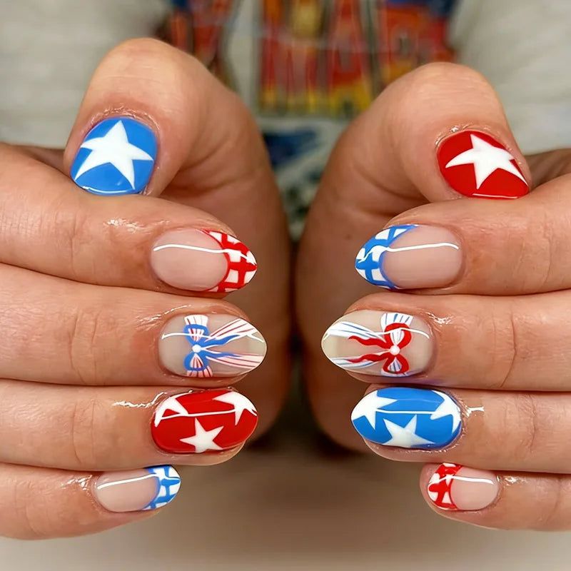 Star & Stripe Blush Y2K Press-On Nails – Short Almond, 24 Pcs