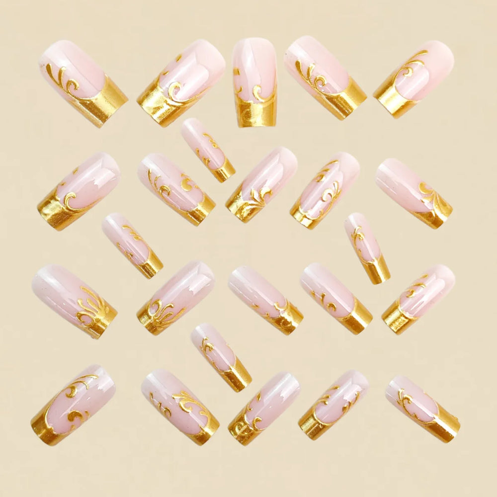 Nude Gold 3D Gilded Floral Press-On Nails – Medium Square