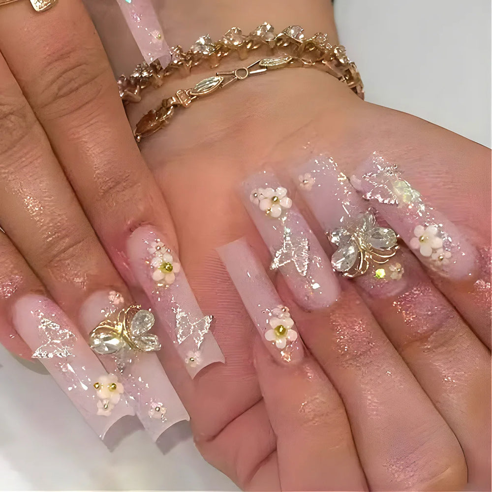 Glitter Butterfly Rhinestone Press-On Nails – Long Coffin, 24 Pcs