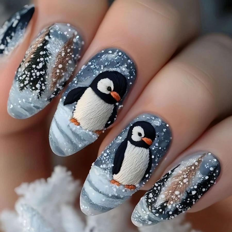 Christmas Snowflake & Penguin Press-On Nails – Medium Square Almond, 24 Pcs