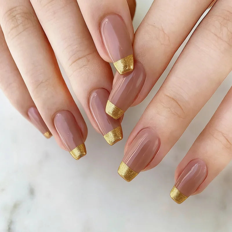 Nude Brown French Ballet Press-On Nails with Gold & Silver Frame – Medium