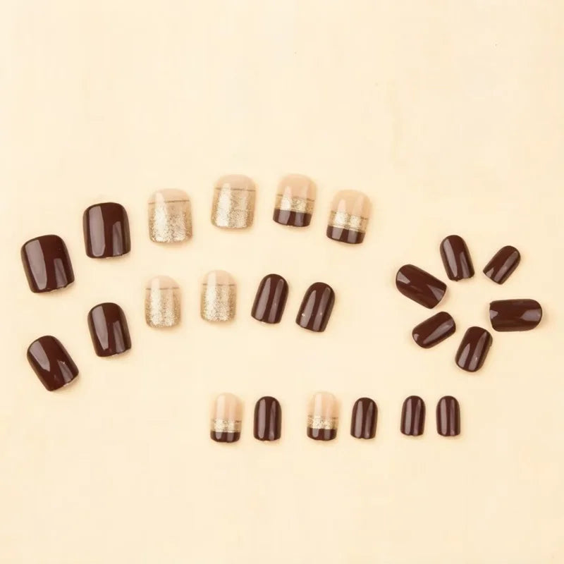 Glossy Brown Tip Gold Silver Glitter Stripe Press-On Nails – Short Square