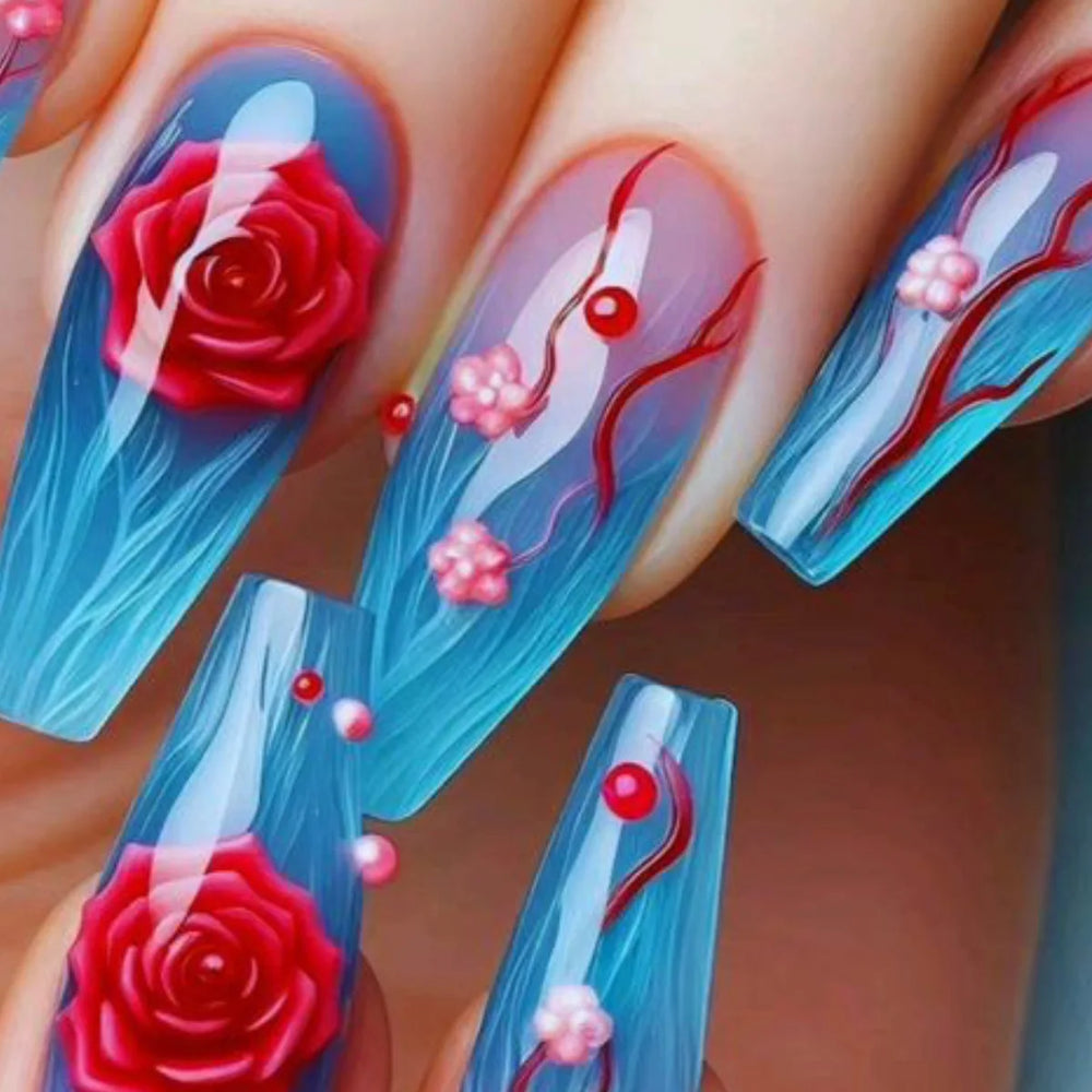 Purple Pink Red Flower & Butterfly Y2K Press-On Nails – Square, Short/Medium/Long