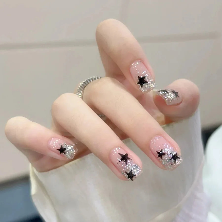 Short fake nails for women dark blue or nude nail tips with starry star design square shape full cover press on false nail set