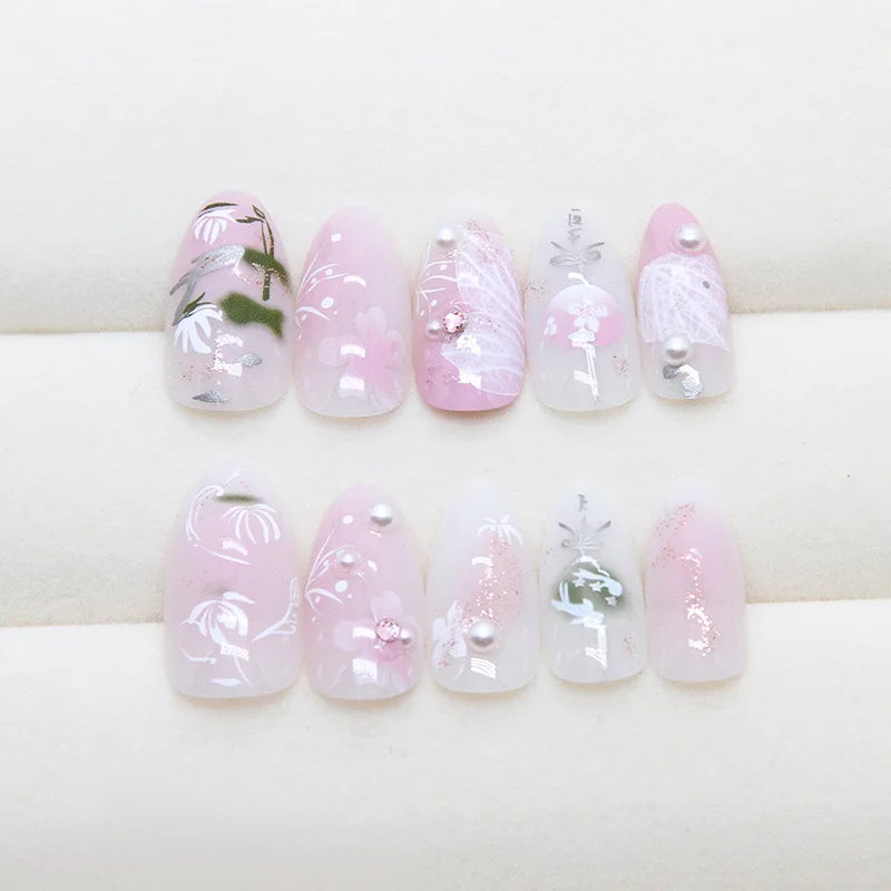 Hand-Painted Botanical Flower Press-On Nails – Almond, 24 Pcs