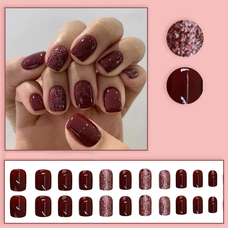 Short Medium fake nails for women girl wine red colors with glitters design Square nail tips Valentine'S Day press on false nail