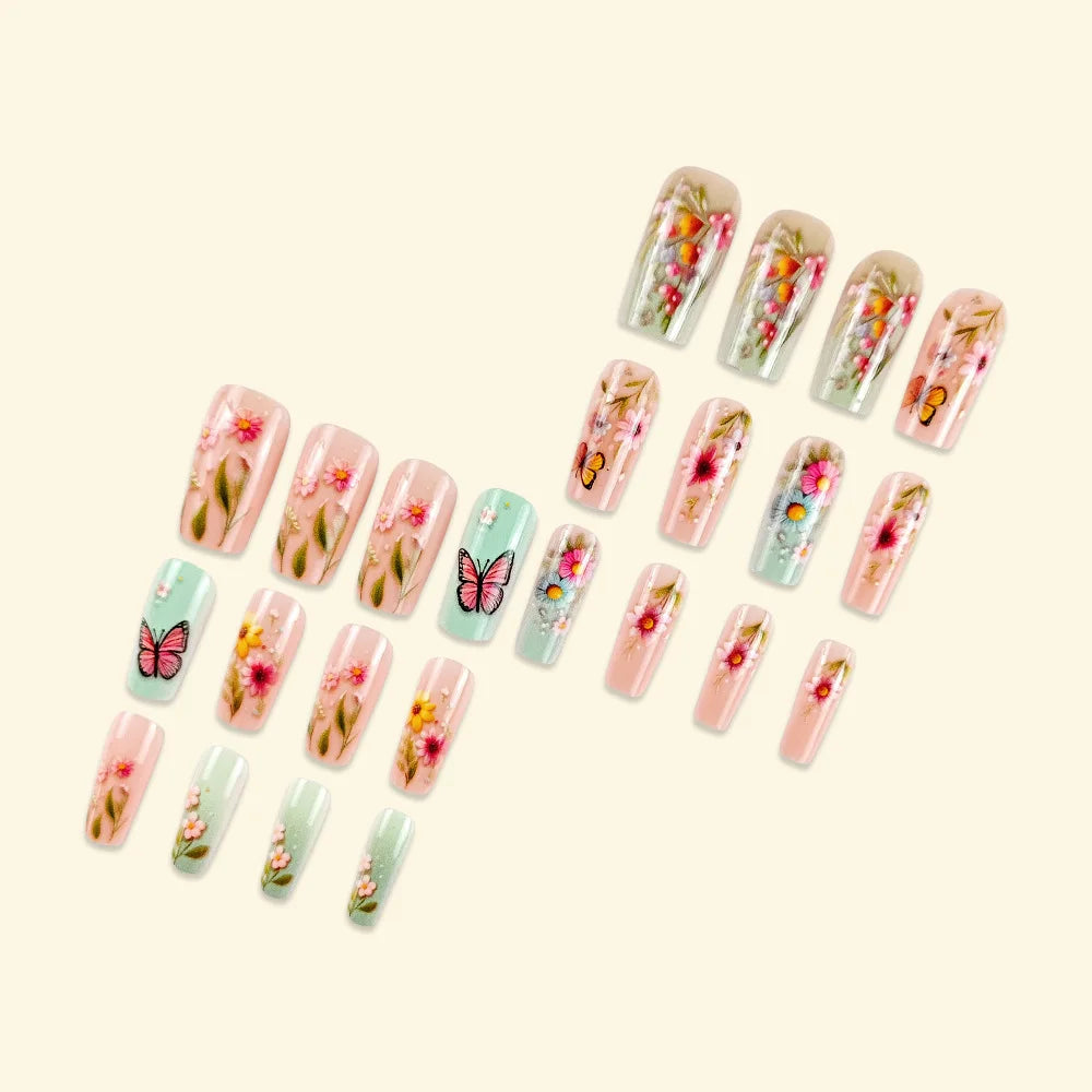 Medium fake nails for women Pink green yellow colors flowers butterfly printing square nail tips full cover press on false nail