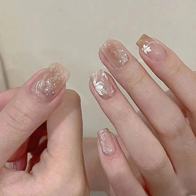 Short Medium Fake Nails Purple Blue Red Brown Black Flowers Butterfly Fall Winter Square Ballet Nail Tips Press On False Nail