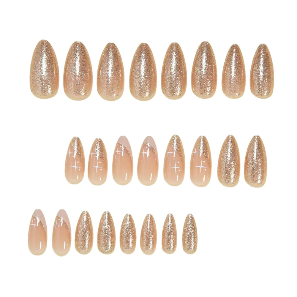 Medium fake nails for women girls gradient black white beige golden white star design almond nail tips press on false nail art