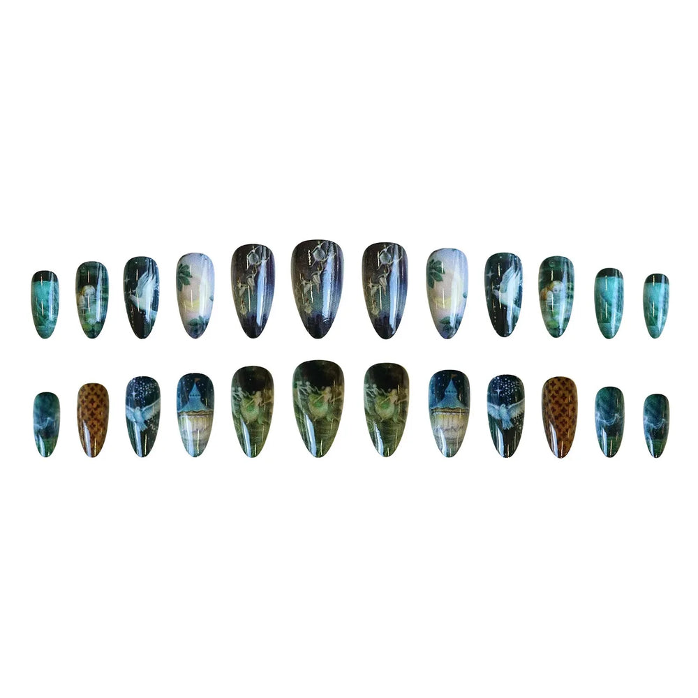 Moonlight Starry Night Art Press-On Nails – Almond, 24 Pcs
