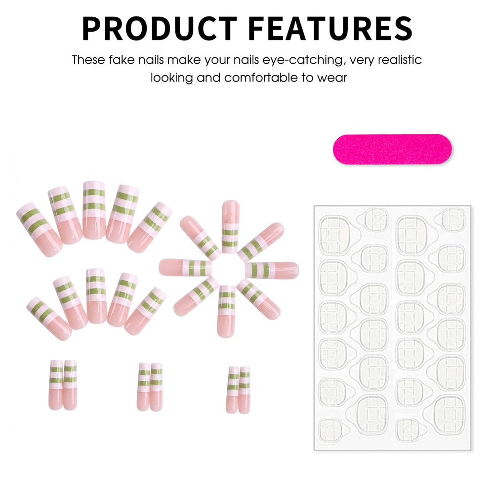 White & Green Stripe French Press-On Nails – Long Square, 24 Pcs