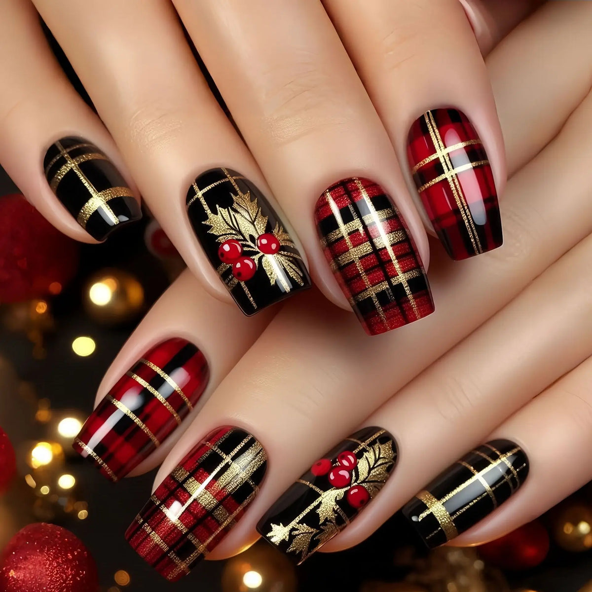 Short Medium fake nails for Christmas party Santa claus deers snowman snowflakes almond Square tips press on false nail art set