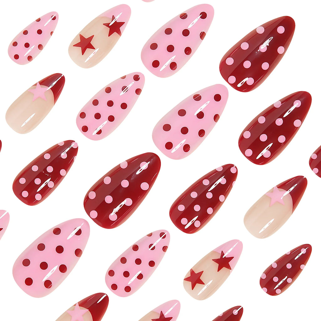 Medium almond fake nails for women girls pink red white polka dots with star design french nail tips press on false nail art set