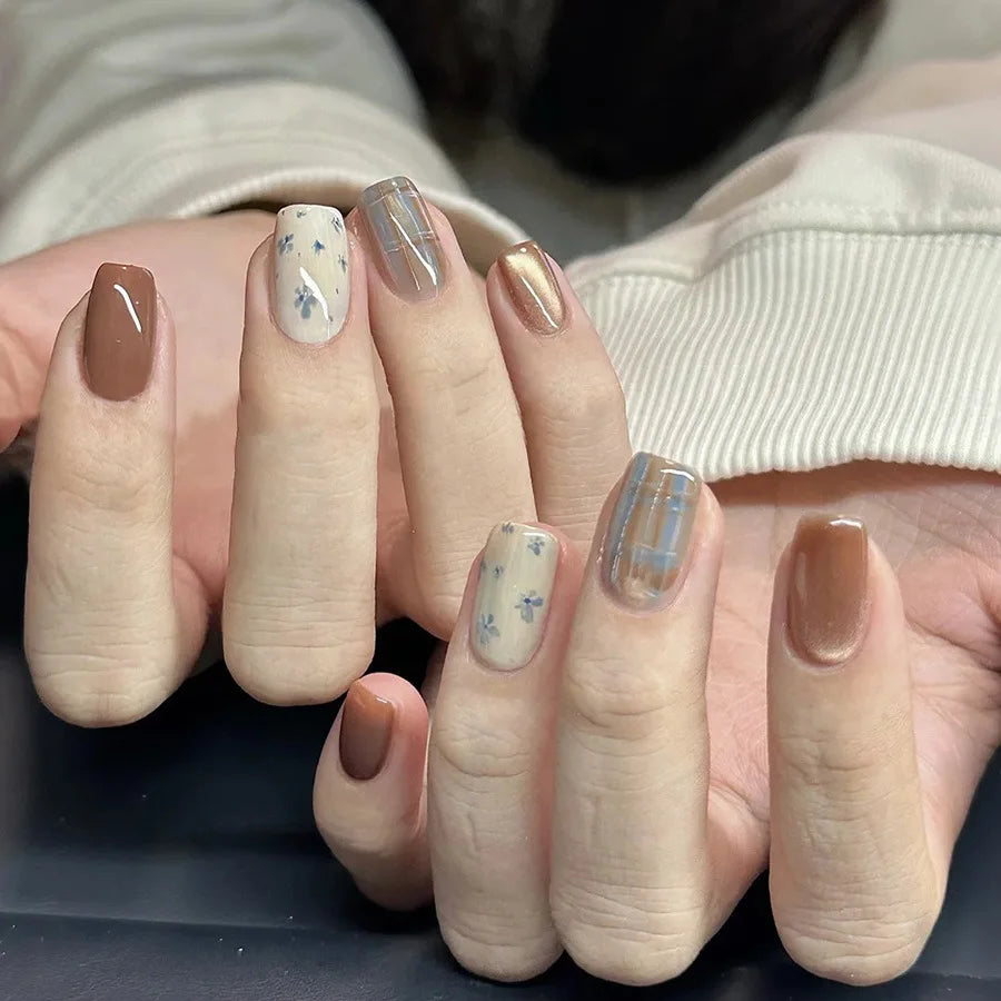 Short Medium long fake nails for women Gradient purple Pink red flowers butterfly Y2K Square summer tips press on false nails
