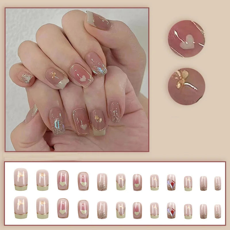 Short Medium fake nails for women girls french blue light green heart with sparking glitters for Valentine's Day press on nail