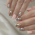 24pcs/set Short square fake nails for women girls Sparkling glitters with nude brown golden glossy nail tips press on false nail