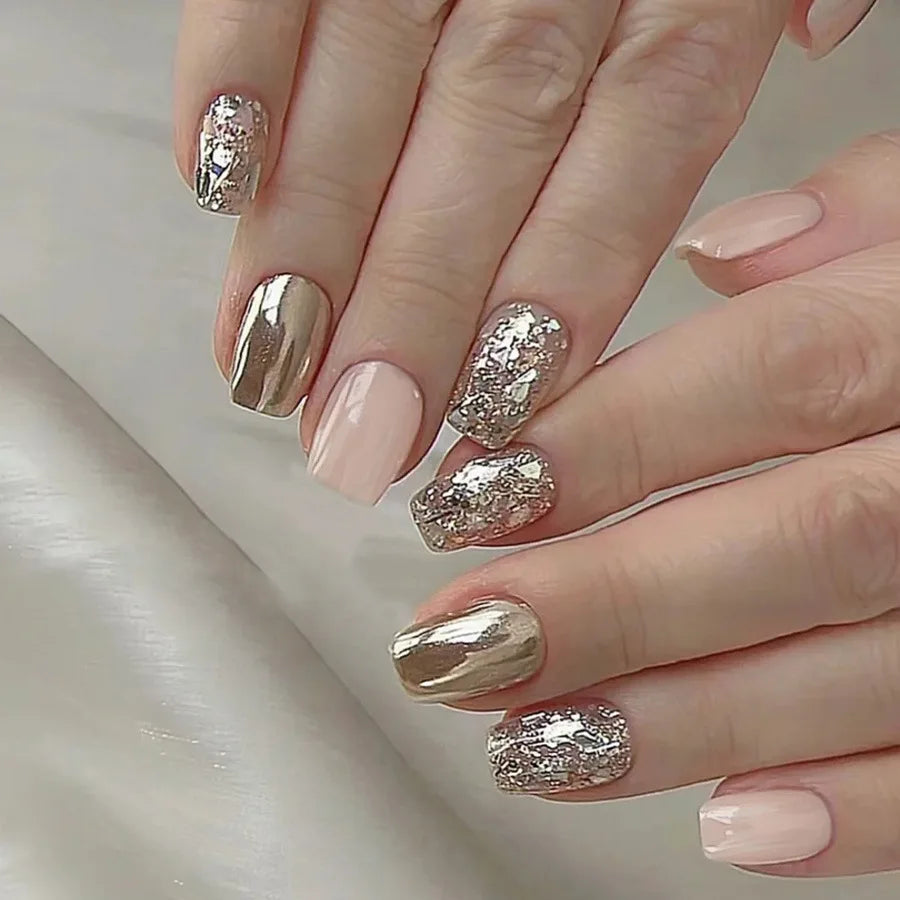Nude Brown Gold Glitter Press-On Nails – Short Square, 24 Pcs