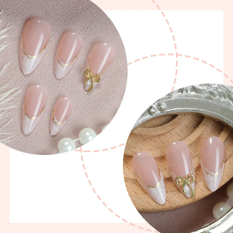Medium fake nails for women girls french almond nude white nail tips with golden strips bowknot full cover press on false nail