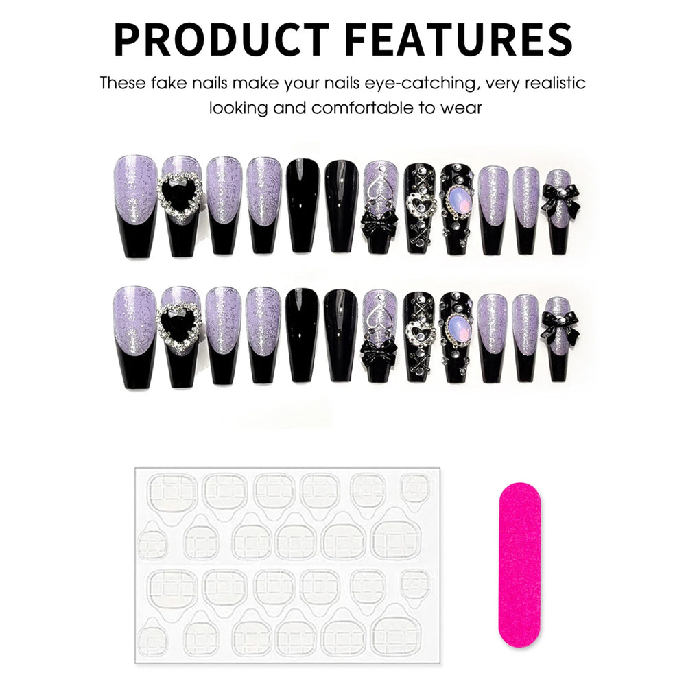 Black French Purple Gem Luxury Press-On Nails – Long Coffin, 24 Pcs