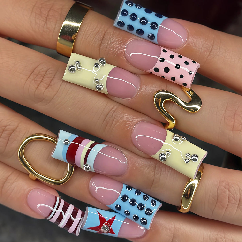 Pastel Polka Dot Bow French Press-On Nails – Medium Coffin, 24 Pcs