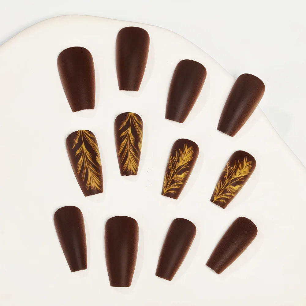 Brown Floral Leaf & Black Butterfly Grid Press-On Nails – Autumn/Winter, Medium Long
