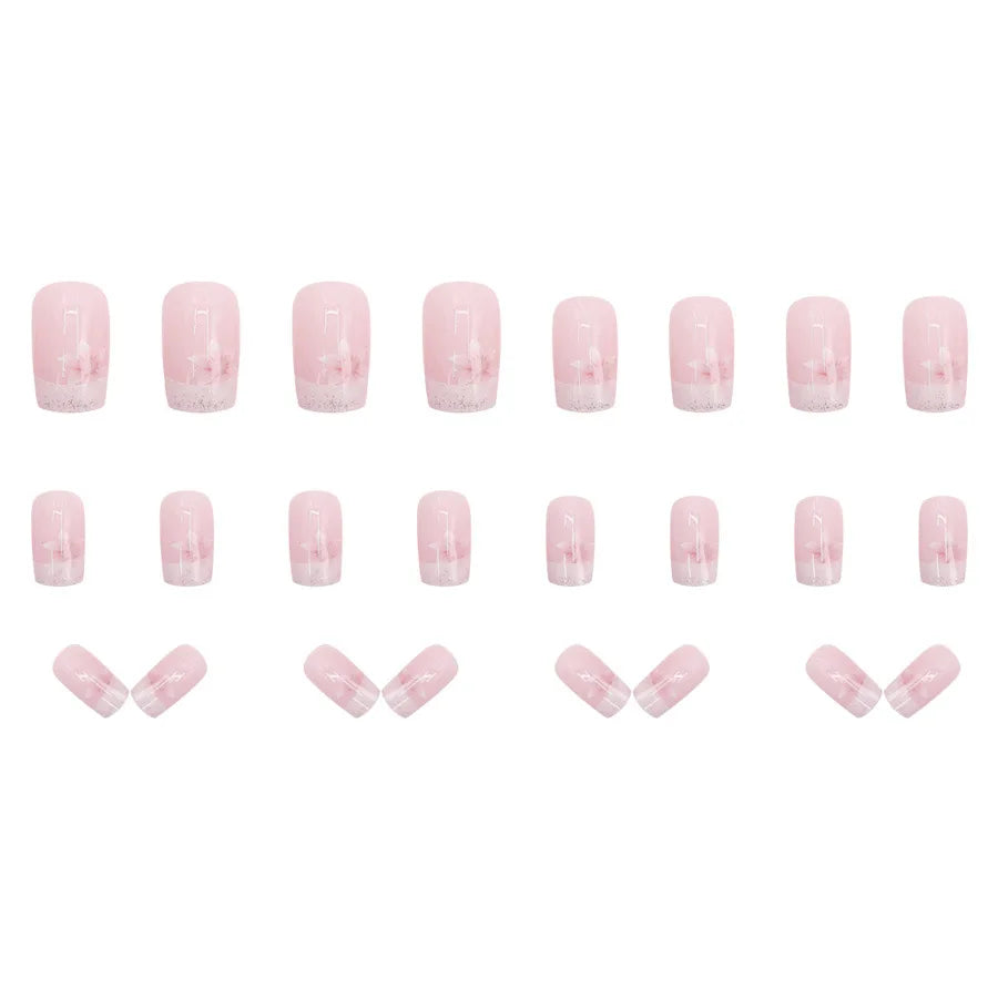 Medium Long Fake Nails for Women Girls Nude Pink Colors with Flowers Sparkling Glitters Square Ballet Tips Press On Nails Art