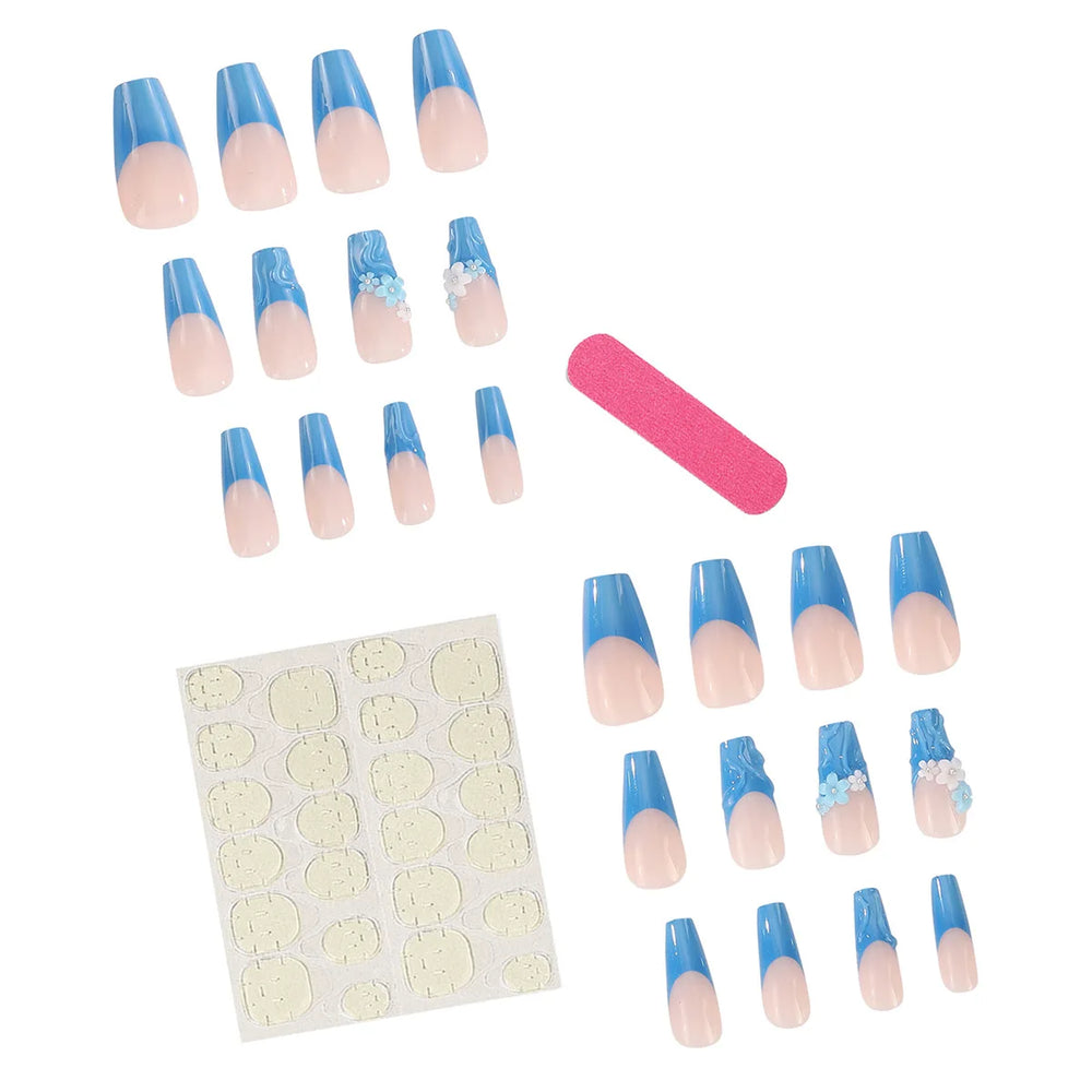 Blue Green Gradient 3D Embossed Flower Press-On Nails – Medium Long Square, 24 Pcs