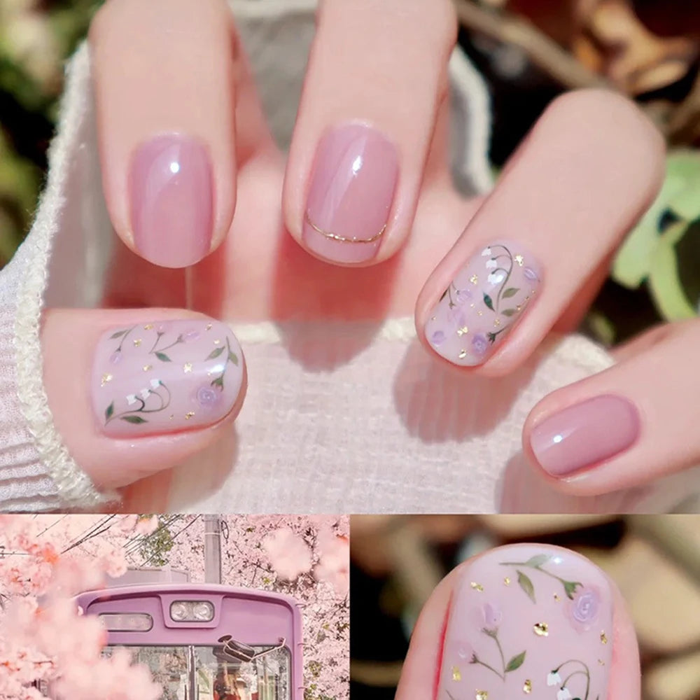 Medium long fake nails for women girls Spring summer flowers flora green blue orange Square ballet tips press on false nail art
