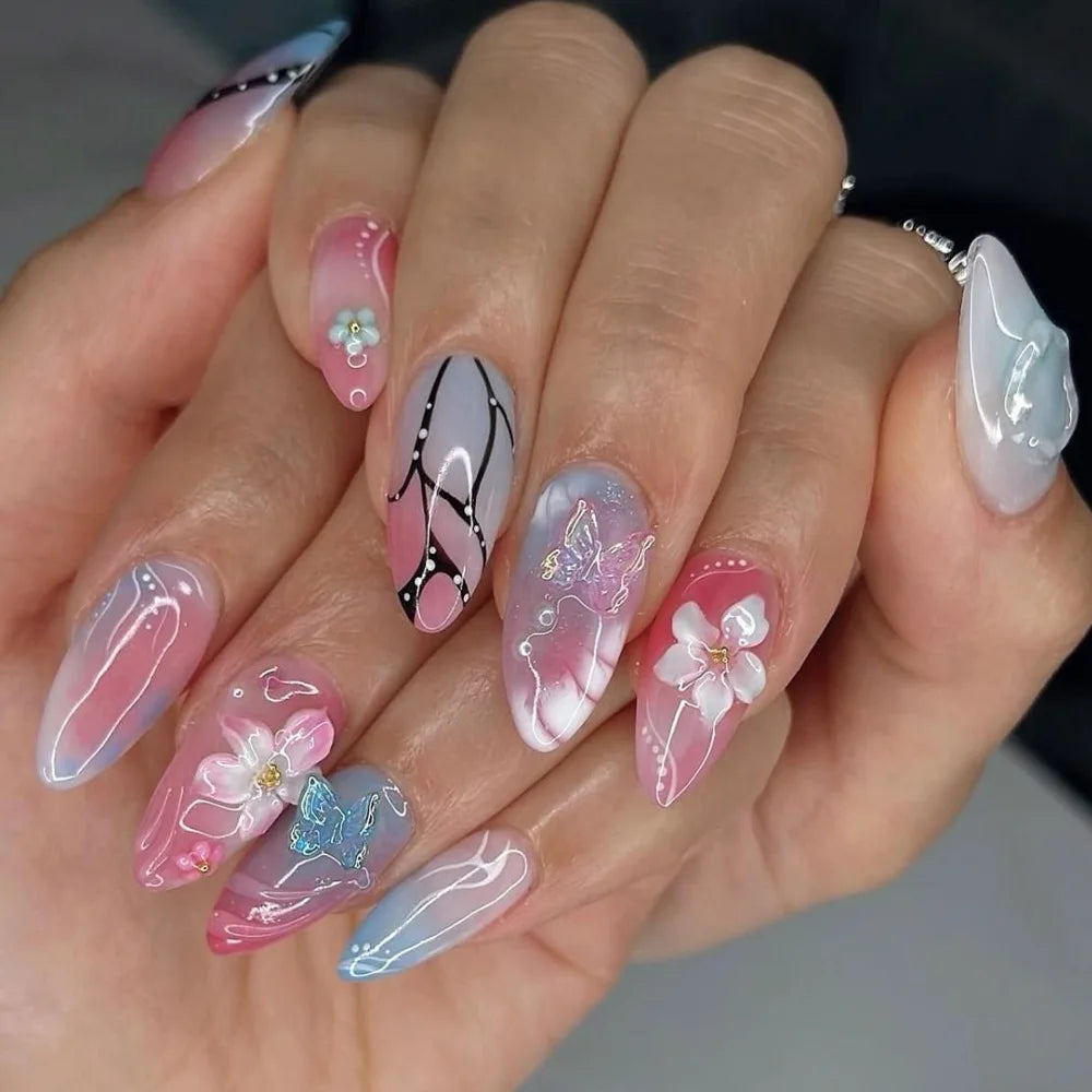 Tropical Hibiscus & Butterfly French Press-On Nails – Almond, 24 Pcs
