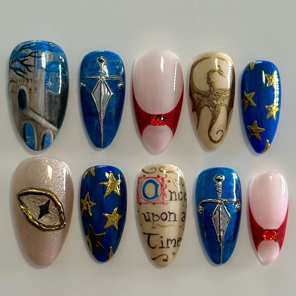 Vintage Starry Sky Gold Foil Art Press-On Nails – Almond, 24 Pcs