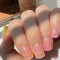 Short square fake nails for women Nude colors with french colorful strips Y2K full cover resuable press on false nail art set