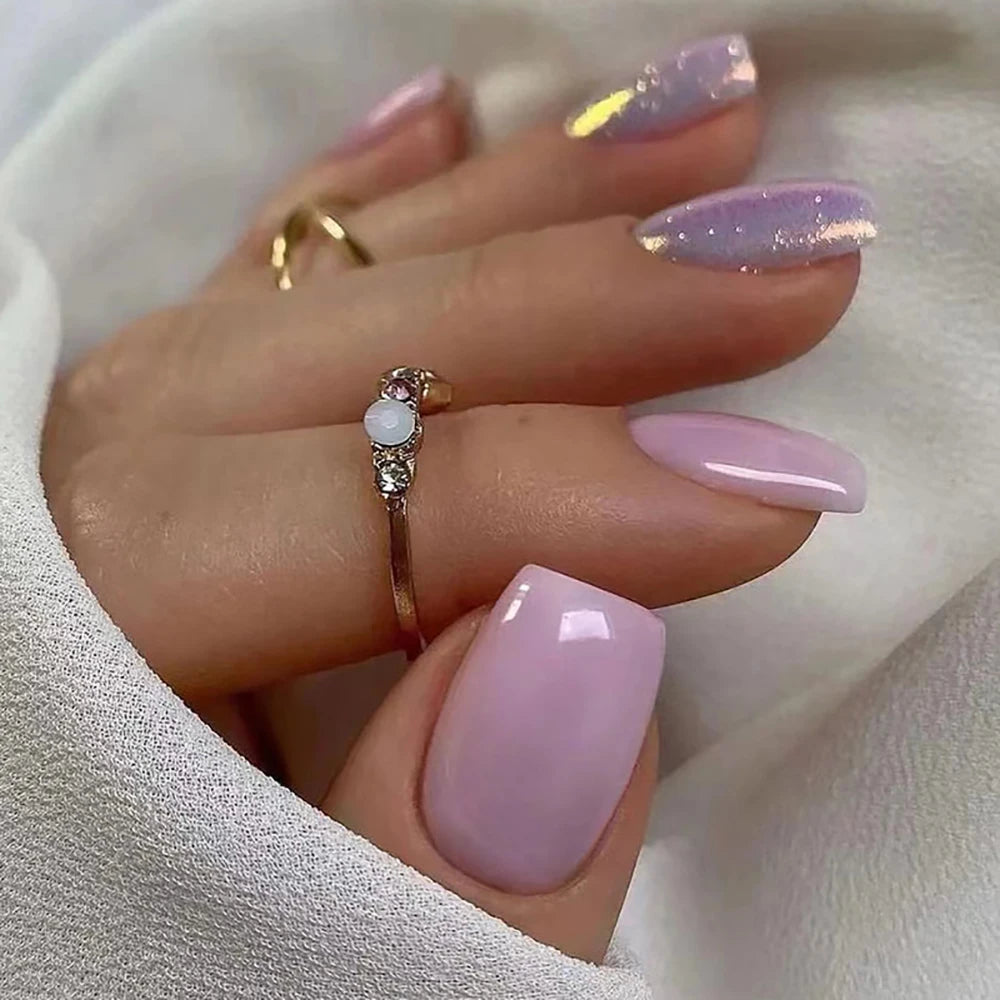 Short fake nails for women girls nude purple color with sparkling glitters in Square ballet shape full cover press on false nail