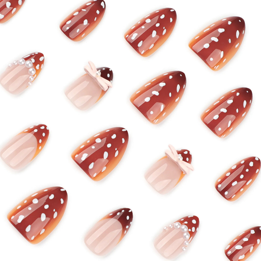 Brown Autumn Polka Dot Bow & Pearl Press-On Nails – Almond, 24 Pcs