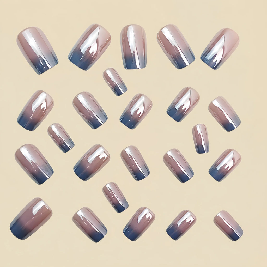 Medium long fake nails for women Gradient nude grey colors Holographic Plated french square style reusable press on false nail