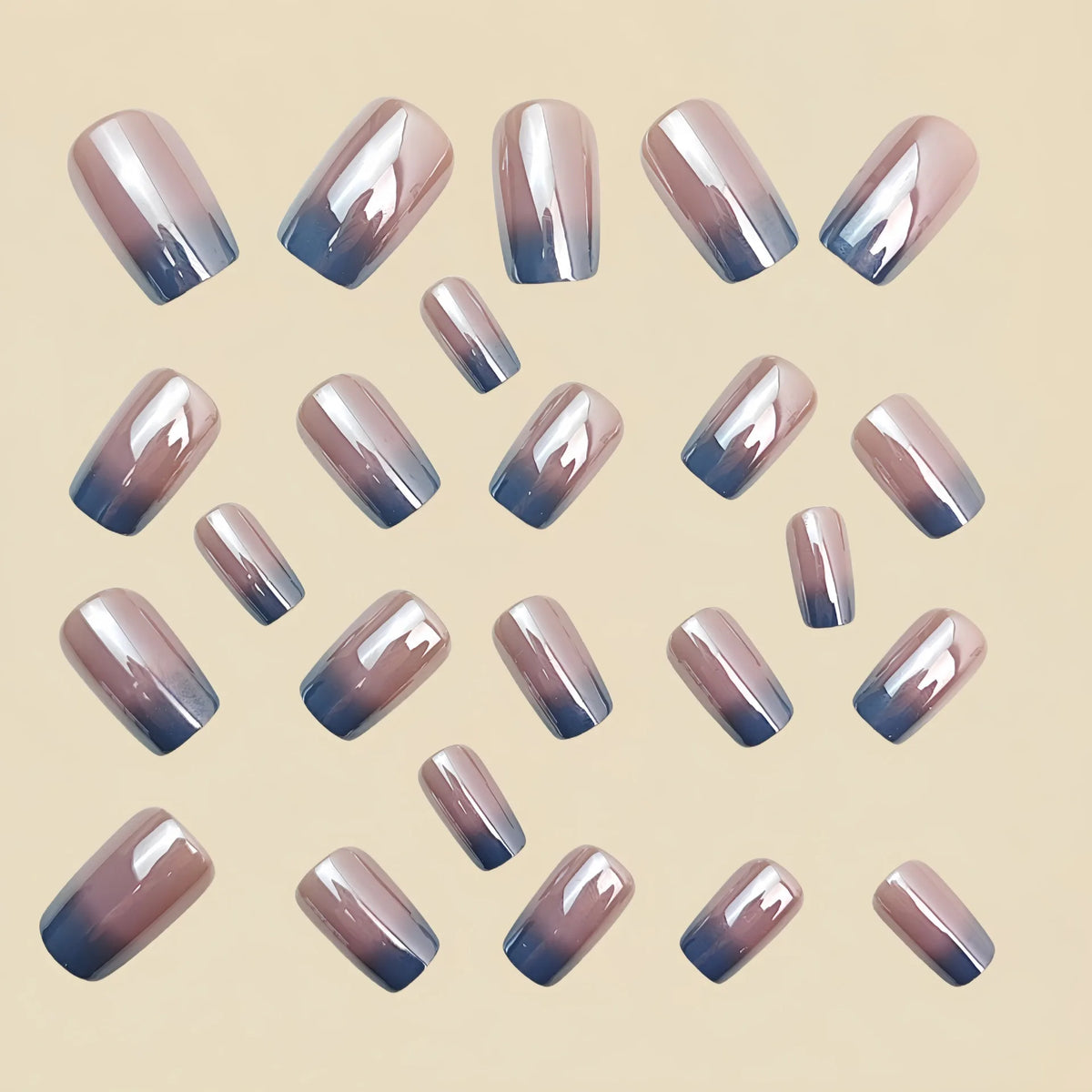 Medium long fake nails for women Gradient nude grey colors Holographic Plated french square style reusable press on false nail