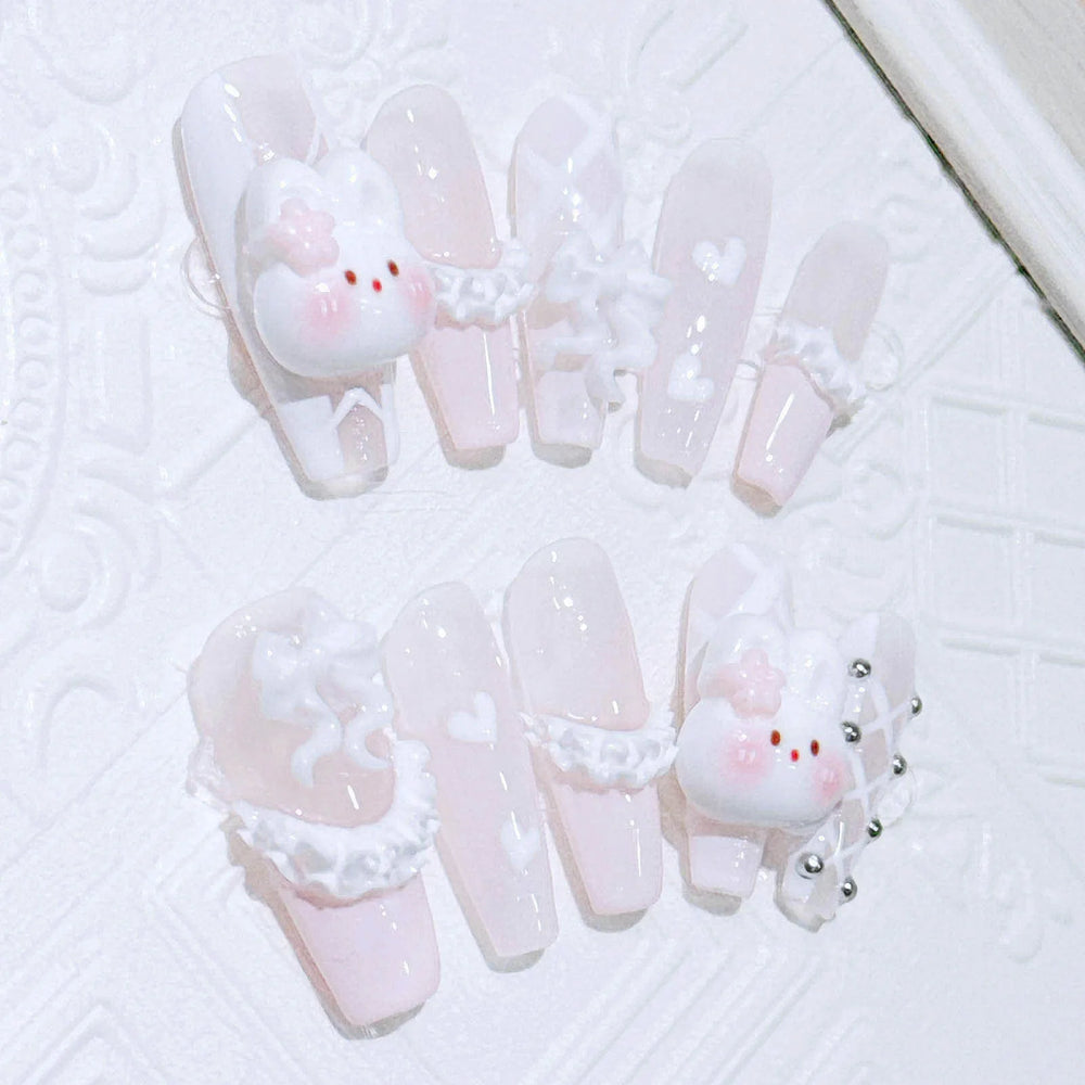 Light Pink French 3D Rabbit Handmade Press-On Nails – Long Coffin, 10 Pcs