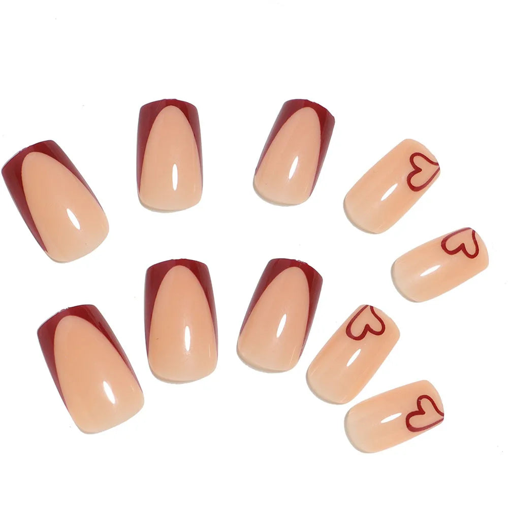 Medium fake nails for women girls red pink heart print french frame full cover square nail tips press on acrylic false nail art