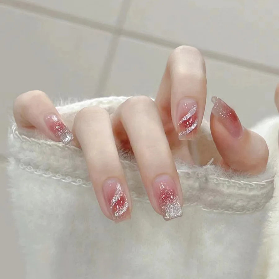 Pink Brown Gradient Glitter French Press-On Nails – Short/Medium Square