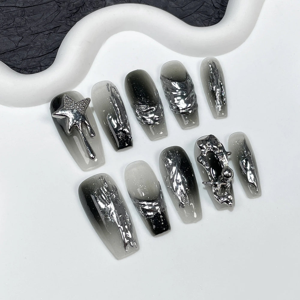 Black Chain & Butterfly Punk Handmade Press-On Nails – Long Coffin, 10 Pcs