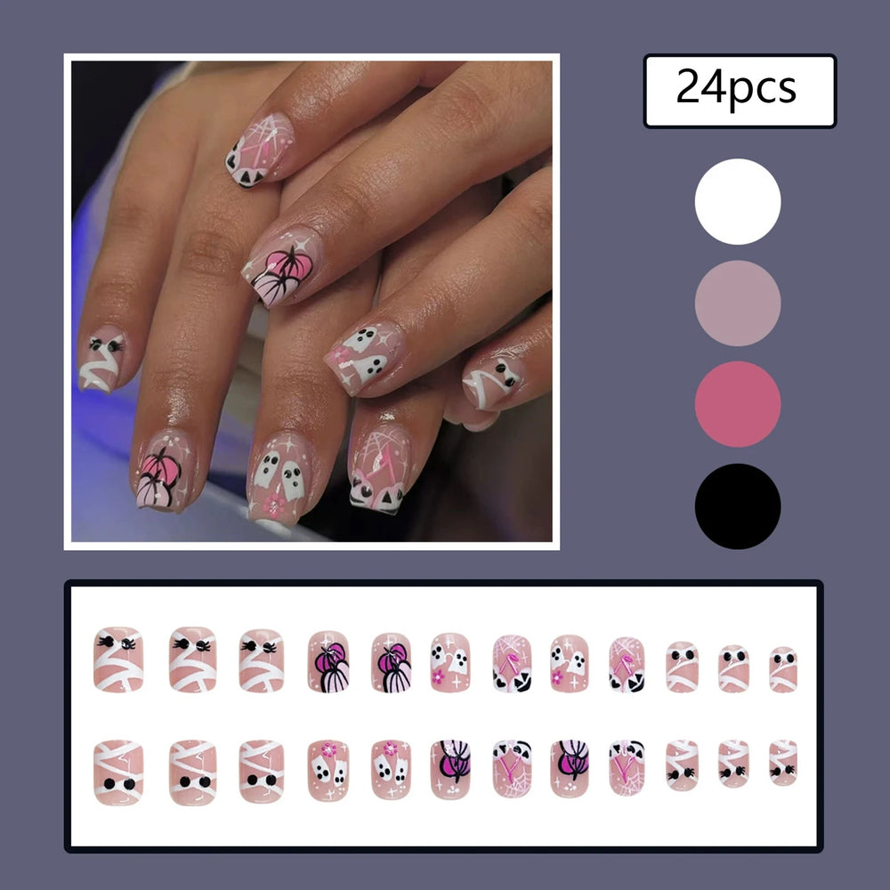 Pink Ghost & Pumpkin French Tip Press-On Nails – Short Square, 24 Pcs